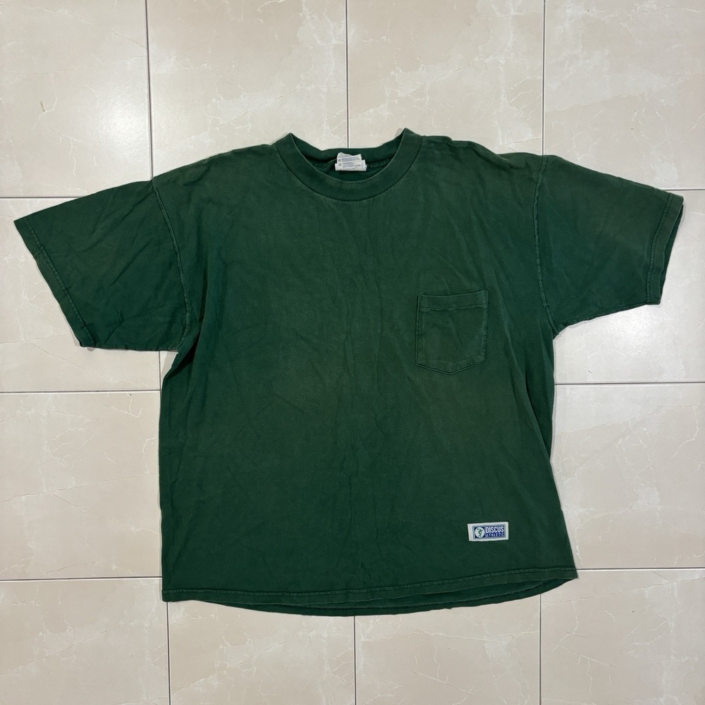 Vintage T Shirt Pocket Tee Y2K 90s Green Discus Athletics Mens XL Boxy Faded